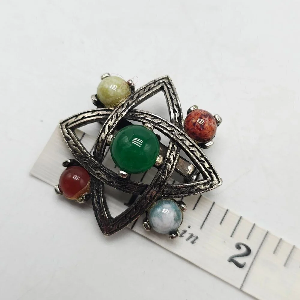Vintage Silver Tone Celtic Knot Brooch With Multicolor Gemstone Accents